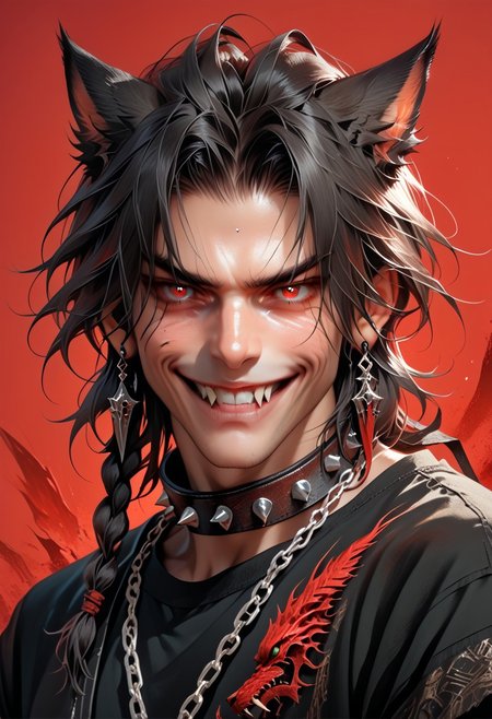 DskMiqo, 1boy, black hair, black shirt, braid, cat girl, cat ears, animal ears, animal ear fluff, chain, collar, earrings, fangs, holding, jewelry, long hair, looking at viewer, male focus, red background, red eyes, shirt, simple background, single braid, slit pupils, smile, solo, spiked collar, spikes, teeth, miqo'te, upper body, wolf ears, BREAK ,score_9, score_8_up, score_7_up, score_6_up, score_5_up, score_4_up,