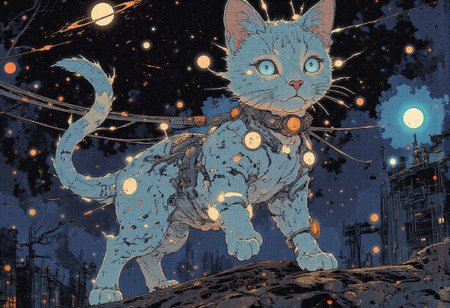 A whimsical celestial kitten floating gracefully in a sea of dark space, its ethereal form constructed entirely of glowing numerical digits. The kitten's body is a dynamic swirl of ones, twos, and threes, curling and looping to create a sense of soft, plush fur. Its eyes, twin orbs of zeroes, gleam with a playful intelligence, reflecting the distant stars scattered across the cosmic backdrop. A tail of alternating digits—fives and nines—waves behind it, trailing off into infinity. The creature's paws are delicately crafted from fours and sixes, with digits extending into tiny claws that appear ready to navigate the numerical cosmos. Suspended around its neck is a collar made of alternating eight and two figures, which, when combined, create an infinity symbol. As the kitten reaches out with its digit-laden paw, the viewer can almost feel the warmth of its touch. The background is a mesmerizing tapestry of galaxies, nebulae, and swirling cosmic dust, with the occasional numbered star twinkling in the vast expanse. The overall effect is one of playful curiosity and boundless potential, as this feline embodiment of numerical wonder explores the infinite realms of the universe.
<lora:Anime v1.3:1.2> <lora:Blue_Future:0.9> <lora:Ethereal_Brush_Anime_v1.0:0.6> <lora:It's a LoRA for portraits, BUT! actually specialized in backgrounds. v1.0:0.2>