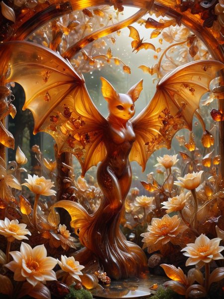 fey, bat, In a secret enclave, a garden of enchantment beckons, its delicate blooms radiating a sense of magic, Causing objects to appear transparent made of ral-amber, intricate details, abstract, whimsical,  <lora:RMSDXL_Creative:0.8>  <lora:ral-amber-sdxl:1>