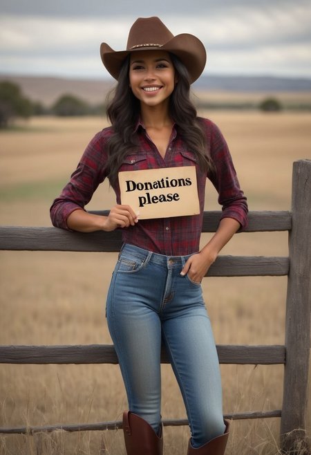 high detail, Smooth, sharp lines, score_9_up, score_8_up, detailed, masterpiece, leaning on a fence, 
ErikaOC, 1girl, solo, tan skin, very beautiful, medium breasts, latina girl, 18 years old, long hair, bob hairstyle, bangs, black hair, big eyes, brown eyes, smile, happy, 
blue jeans, red plaid shirt, cowboy hat, brown boots, winking at viewer, ranch background, farm, field, holding a sign that says "Buzz donations please"