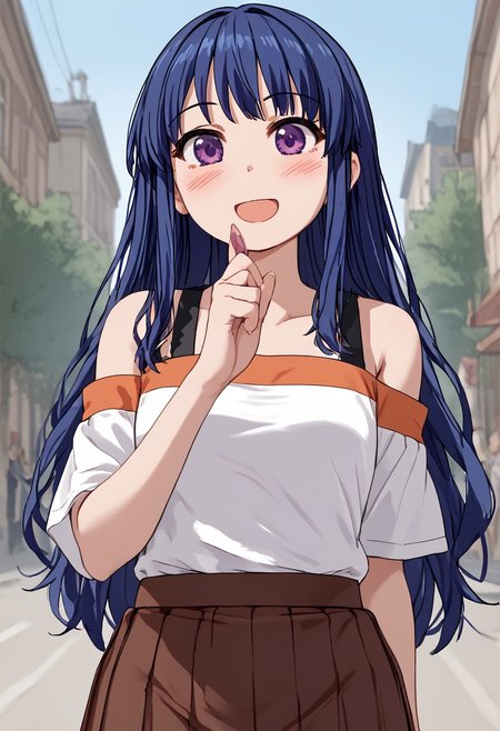 score_4,score_5,score_6,score_7_up,score_8_up,score_9 ((masterpiece,best quality,ultra detailed,highres,HD,4k:1.2))
jyuukyuu, flat color, deformed, deformed characters, round face,
oekaki,jaggy lines,
1 girl,solo,girl forcus,solo forcus, 
 long hair,blue hair,purple eyes, shirt,skirt,bare shoulders, 
blush,smile,open mouth,
