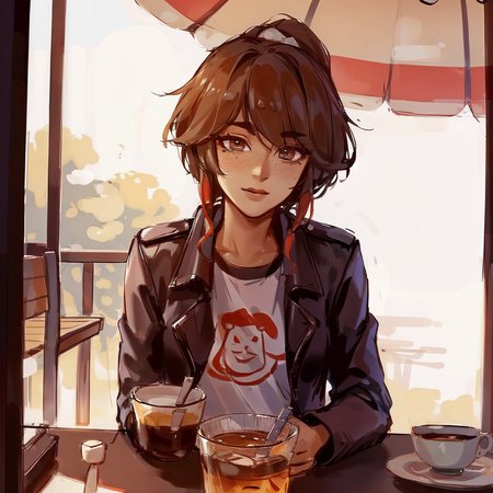 best quality, masterpiece, original, highres, illustration, best lighting and shadow, aesthetic wallpaper, amazing, beautiful, taliyah, 1girl, solo, dark skin, dark-skinned female, short hair, brown hair, thick eyebrows, brown eyes, freckles, extremely detailed and beautiful face, white hair, happy, tshirt, sidelocks, outdoors, photorealistic, upper body, parasol, bubble tea, date, sunny weather, table, sitting, front view, pov, 
<lora:tali-20:0.4>
