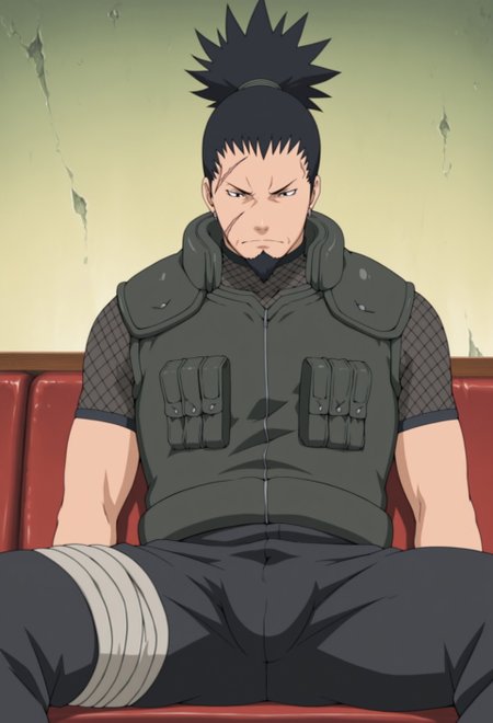 solo, masterpiece, modern, new, 1boy, male, masculine face, daddy looking face,

NarutoShikaku, black hair, ponytail, scar, beard, vest, sitting down, manspreading, bulge