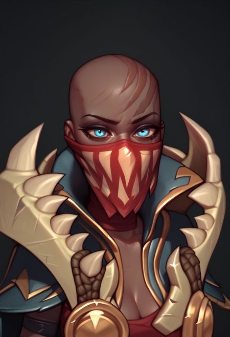 (((beautiful, hyper realistic, high quality))), score_9, score_8_up, score_7_up, easynegative, solo, portrait,
1girl, Pyke, dark skin, tatto, blue eyes, bald, scars, red mask with printed teeth, fingerless gloves, cape, bone shoulder pads, belt, pants, boots,
Dark background, blurred background,