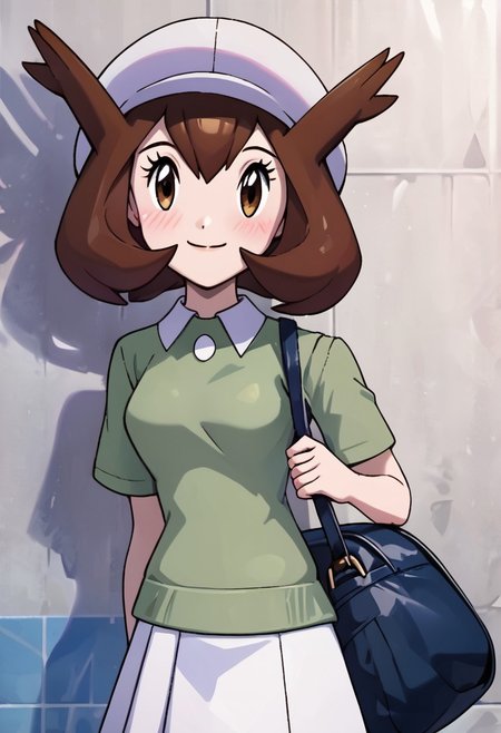 score_9, score_8_up, score_8, medium breasts, (curvy), cute, eyelashes,       BREAK, , zzBianca, brown hair, brown eyes, medium hair, hair between eyes, short sleeves, green shirt, collared shirt, white hat, skirt, white skirt, <lora:Bianca_PokemonHeroes_PDXL_v2:0.7>,, BREAK, closed mouth, alternate costume, smile, looking at viewer, collared shirt, blush, sweater, black skirt, eyelashes, long sleeves, sleeves past wrists, plaid skirt, shoulder bag, black bag, blurry, tile floor, pleated skirt, white shirt, cowboy shot,  embedding:zPDXL, Expressiveh,  <lora:Vivid:0.7>,  <lora:Uncensored_PonyXL_cpt_v02.09:0.4>,  <lora:Expressive_H-000001:0.4>,