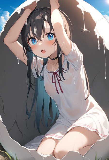 1girl,sincos, ningen mame, toosaka asagi,
hatching, eggshell, looking at viewer, open mouth, arms up, crack, slime (substance), suggestive fluid, hands up, white dress, ,wet,wet clothes, wet hair, <lora:hatching_XL_v1:0.8>
best quality, very aesthetic, absurdres,