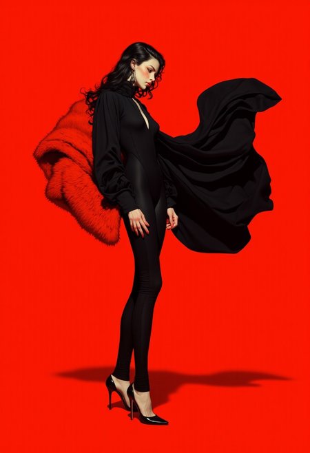 A hyper-realistic ArsMJStyle, Colored pencil hyperdetailed realism, of a woman in a sleek black bodysuit with a high neckline and long sleeves, its tailored fit emphasizing her sculptural form. Her flowing dark hair cascades in soft waves, framing her face with effortless elegance. She stands tall in a commanding pose, her right hand resting firmly on her hip while her left gracefully holds a voluminous black scarf, its fabric rippling as if caught mid-motion. Her long legs, accentuated by black high heels, elongate her silhouette, exuding both power and sophistication. The rich red background provides a striking contrast, with vivid accents of orange fur subtly incorporated into the composition, nodding to Allen Jones’ stylized influence. Her gaze is directed downward, her expression poised and enigmatic, embodying strength and avant-garde fashion. The minimal yet bold composition, envisioned by underrated artist Léonie Frédéric, enhances the visual impact with subtle abstraction. The lighting casts sharp, dramatic shadows, sculpting her toned physique while the depth of field, captured through a Canon EOS R5 with a 50mm f/1.2L lens at ISO 100, ensures a crisp, noise-free image. The atmosphere is hypermodern and dynamic, blending movement, innovation, and smart textiles into a polished, full-body editorial shot.