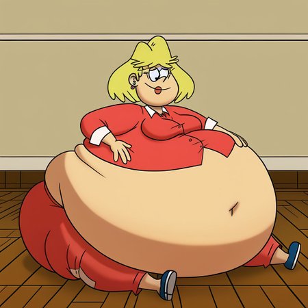 female, rita loud, 1girl, solo, blonde hair, short hair, earrings, jewelry, smile, lipstick, stud earrings, shirt, pants, Gigantic tummy, Gigantic tummy, sitting on floor,