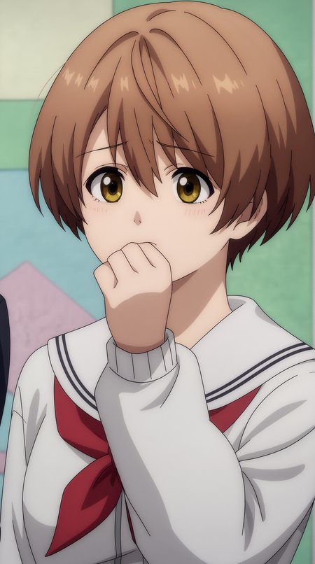 score_9, score_8_up, score_7_up, best background, detailed background, 4k, upscale, anime_source,  Yutori kokorogi, Main Outfit, solo, upper body, solo focus, hand up, covering own mouth, hand over own mouth  <lora:JN_Yutori_kokorogi_Pony:0.8>