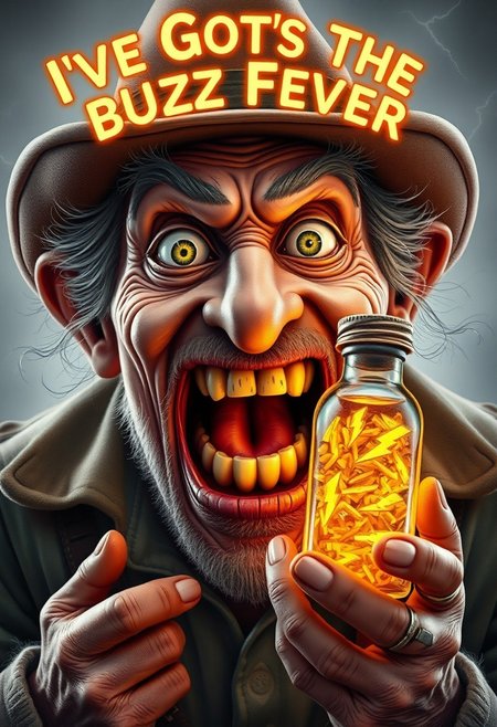 A hyper-stylized, extremely detailed image of an old prospector, his face a picture of comical exaggeration. He's holding a vial filled with little golden thunderbolt symbols, which seem to be radiating a glow. His eyes are wide with a crazed, manic intensity, and his mouth is agape, revealing a mouthful of missing teeth. His mouth is wide open as he exclaims "I've Gots The Buzz Fever", his words emblazoned in bold, glowing golden letters above his head. The prospector's expression is a perfect blend of excitement, madness, and hilarity, as if he's just discovered the secret to harnessing the power of lightning. The vial is adorned with colorful, swirly patterns, and the thunderbolts inside seem to be glowing with an otherworldly energy. The overall effect is one of absurd, zany humor, like a scene from a Looney Tunes cartoon. highest-Quality, intricate details, visually stunning, Masterpiece
