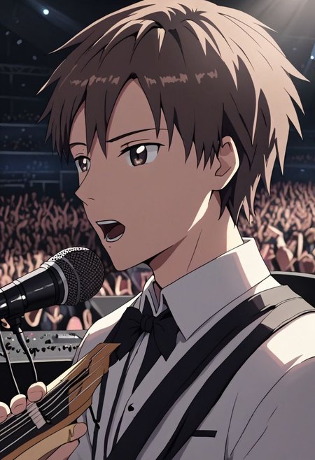 high resolution, solo, best quality, 1Boy, Takaki Toono, Brownish Hair, Brown Eyes, singing, portraits, dept of field, virtual concert, playing musical instrument, OverallDetail