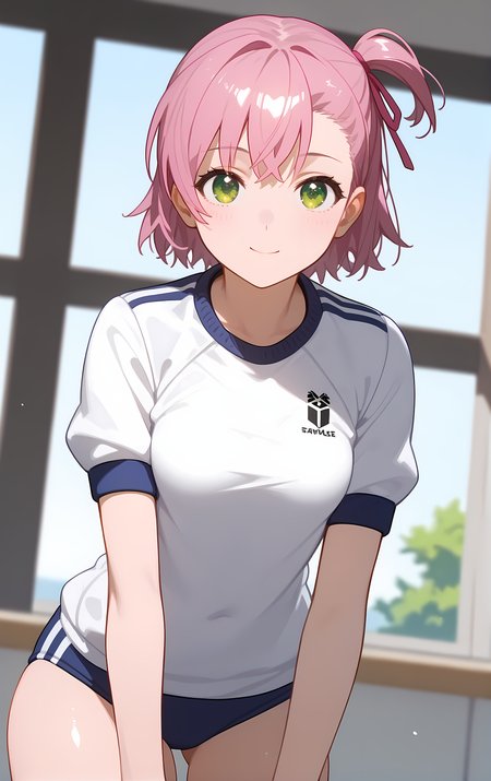 (score_9, score_8_up, score_7_up), standing, leaning forward, looking at viewer, light smile, closed mouth, shiny skin, tight clothes,
ohwx, 1girl, solo, green_eyes, small_breasts, ribbon, hair_ribbon, short_hair, one_side_up, pink_hair, pink_ribbon, side_ponytail,
gym_uniform, white_shirt,
house,
cowboy shot, dutch angle, close-up,
 <lora:uruchi_minaya_pony_ss:1>