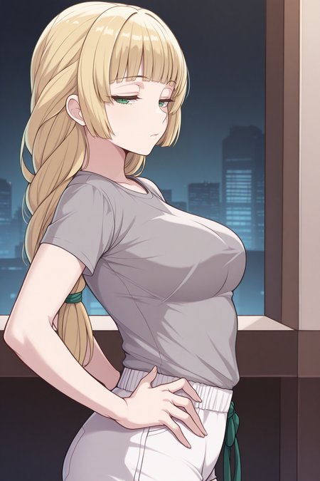masterpiece, best quality, 1girl, solo, <lora:feingrid-illu-nvwls-v1-000005:1> dfing, blonde hair, braided ponytail, green eyes, long hair, blunt bangs, grey t-shirt, white shorts, looking at viewer, from side, hands on hips, medium breasts, half-closed eyes, bored, city