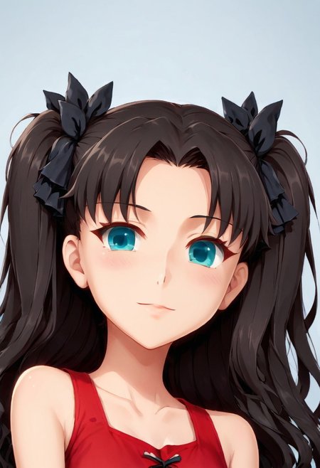((fate Tohsaka Rin, aqua eyes, long wavy black hair, two-side-up hairstyle, twin tails tied with black ribbons, red tank top, black pleated miniskirt, Jedrnto, brown hair, blue eyes, black hair ribbons, red shirt, black skirt, black stockings)),
(((headshot, headshot only, face only)))