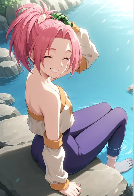 anime screencap, anime coloring, 1girl, long hair, pink hair, ponytail, closed eyes eyes, tube top, bodysuit under clothes, arm warmers, single mechanical arm, barefoot, sitting, rock, feet submerged, looking at viewer, dappled sunlight, smile, teeth   <lora:noa_legaia:1> from side, from above, hand on hair, masterpiece, best quality, amazing quality, very aesthetic, absurdres, highres, newest