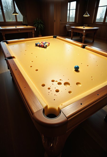 A wooden billiards table with a yellow bed made from cheese that has many holes. A few billiard balls are placed on the table. <lora:Hyper-FLUX.1-dev-16steps-lora:0.15> <lora:Challenge_Winnifier_ENTERPRISE_EDITION_epoch_5:0> <lora:New_Fantasy_CoreV4_FLUX:1> <lora:Made_from_Cheese_Flux:1>