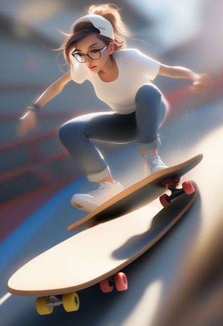 High resolution photo of a beautiful girl with a high bun, shredding on a skateboard at a ramp in a skatepark. Motion blur captures her movement, sunlight casts a long shadow, and details like her glasses and denim pants are clear. She wears a baseball cap backwards, showcasing a hint of midriff and beautiful eyes. The background blurs with speed, creating a dynamic scene.