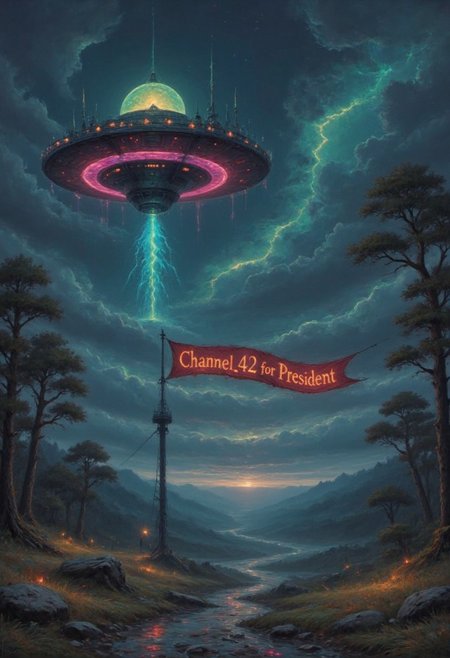 *Channel_42* *中* *Station_42* *Broadcasting* 
*Nightshade* *Midnight* *Ancient* *Hills* *Woods* *Sea* *Isolated* *Cyan* *Magenta* *Yellow*
A UFO pulling a banner that reads "Channel_42 for President!"
*Shutting down* *Going Dark* *Offline*