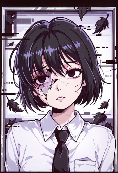 lazypos, character focused, anime girl, broken reality, glitch distortion, cracked screen, short hair, dark eyes, haunted expression, black leaves, monochrome style, ink outlines, white shirt, black tie, eerie atmosphere, digital noise, corrupted view, surreal composition, void background, horror aesthetic, glitch core, unsettling gaze, pongdstyle