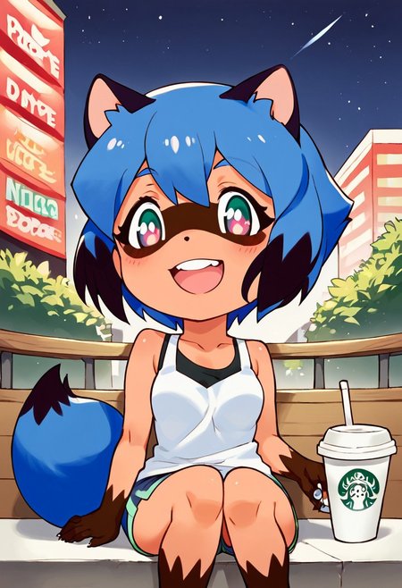 1girl, ((solo)), best quality, ultra-detailed, extremely detailed, perfect anatomy, masterpiece, score_9, score_8_up, score_7_up, Expressiveh, Michiru Kagemori, Brand New Animal, fully clothed, (chibi), cute, city background, (night time), sitting down, outdoors, at an outdoor coffee shop, open mouth smile, excited, happy to see you, blushing, staring at viewer,