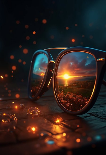 Abstract Lighting Effects, Hyperrealism, Midjourney Style, Photorealism, Cinematic, High Fidelity, Realism, Light Play
Stunning surreal macro closeup photography of a magically reflected sunrise landscape on a pair of dark sunglasses. The frame of the sunglasses is cyan blue plastic and golden metal.
The sunglasses are laying closed, face up on top of a wooden table in a dark room. The reflection of the sunrise lights the area around the sunglasses in a warm golden aura. 
The reflected image of a sunrise is beautiful, lush rolling hills, an orchard in autumn, some vanilla sky clouds. The image of a perfect beginning for an autumn day. The displayed landscape is a bright l, detail rich miniature magical. Beauty and magic is in the scene.
The photography mainly uses golden and autumn colours, counterpointed with bright, deep cyan. 
The composition uses the golden spiral to focus on the beautiful sunrise displayed on sunglasses, the viewpoint is set looking from slightly above the sunglasses. The image uses a strong dark vingette to mask the surrounding.