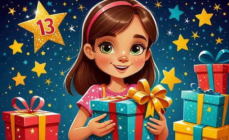 Cartoon style.

Birthday card of a girl holding a star with "13" inside it. The card depicts wrapped presents and sparkles.