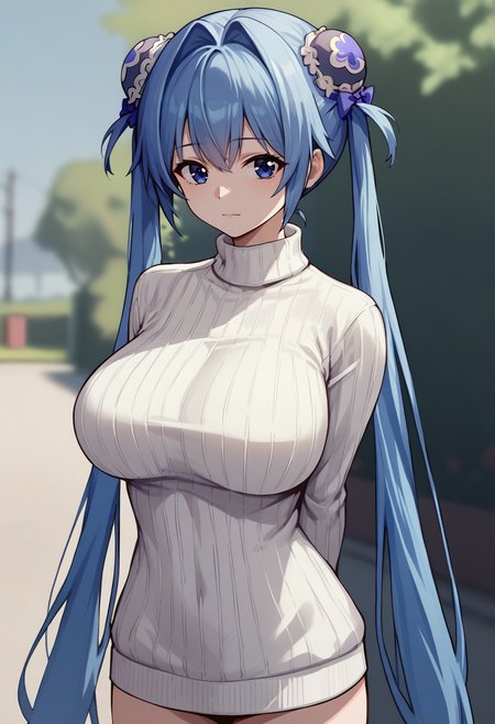 score_9, score_8_up, score_7_up, source_anime BREAK 1girl, solo, <lora:hansel-nikke-richy-v1_pdxl:1> hnsel, blue eyes, blue hair, very long hair, twintails, hair intakes, double bun, bun cover, large breasts, white sweater, turtleneck sweater, ribbed sweater, arms behind back, standing, outdoors, looking at viewer, closed mouth