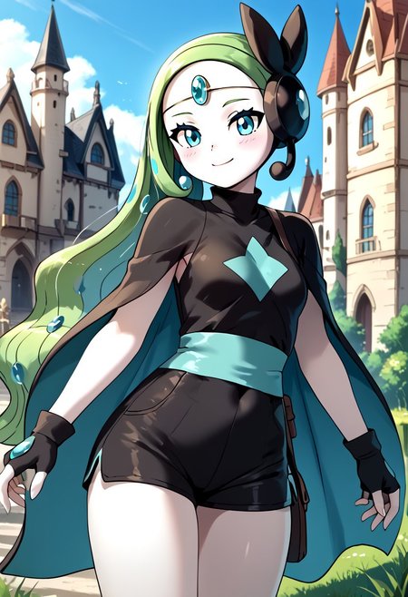 score_4,score_5,score_6,score_7_up,score_8_up,score_9 ((masterpiece,best quality,ultra detailed,highres,HD,4k:1.2)), 
1 girl,solo,face focus,
((white skin,monster girl,pokemon \(creature\)),Meloetta,no nose:1.2)),
blue eyes,
cape,shirt,sleeveress shirt,fingerless gloves,shorts,black shorts,jewelry,
outdoors,castle,
smile,.blush,light smile,