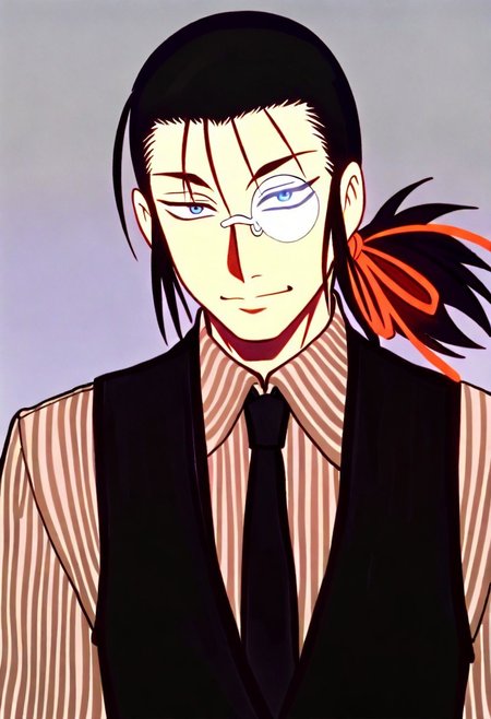 solo, 1Boy, DarkWalter, blue eyes, black hair, back slicked ponytail, red hair ribbon, monocle, monocle over left eye, black tie, black vest, black pinstripe shirt, black fingerless gloves,  smile, upper body, masterpiece, best quality, amazing quality, very aesthetic, absurdres, blue background