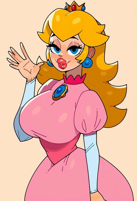 score_9, score_8_up, score_7_up, score_6_up, rating_safe, 1girl, princess peach, plump lips, bedroom eyes, huge breasts, slim waist, castle, waving, smile, very up-close, portrait, simple background, bedroom eyes,