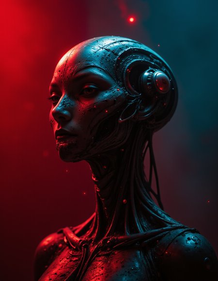 A portrait a alien biomechanic creature with shadows cast across the strange muzzle. It standing in a moody, cinematic environment. The red lighting is solely focused on the subject, filtered through a grid, creating intricate, patterned shadows. The rest of the scene fades into cold cyan darkness. Neon glows, sparks, wires, cables, and sci-fi elements enhance the scene, with complex details throughout. The shallow depth of field, film grain effects, heightens the high-budget, dramatic atmosphere. Textures, small detales aesthetic blends intricate, surreal design with a grainy.   <lora:artisketchyfs-v02:0.75> <lora:fluxenhancer:0.5> fluxenhancer