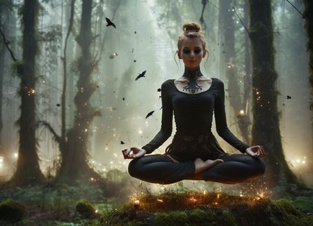 side light, night, dark, 1girl, j3nn1f3r8XL, witch,  solo, slender, black eyesockets, facepaint, body paint, symbols, henna, tattoo, smile, (levitate, lotus pose), sitting in yoga position, floating above bed of moss, decaying forest,  skin-tight long-sleeve shirt, skirt,  , pixie haircut, perfect face, updo, massive breasts, makeup,  jewelry, night, lantern, low angle, from below, perspective, outdoors, detailed feet, exquisite composition, horror, blurry background, fireflies, crows, rats
 <lora:levitate-PNY-SDXL-SD15-Panache:1> <lora:Witch_SDXL_r1:1>w1+ch <lora:perfect feet:0.5> Perfect feet <lora:glowneon_xl_v1:0.5> glowneon, glowing, sparks, lightning <lora:Dramatic Lighting Slider:2>
