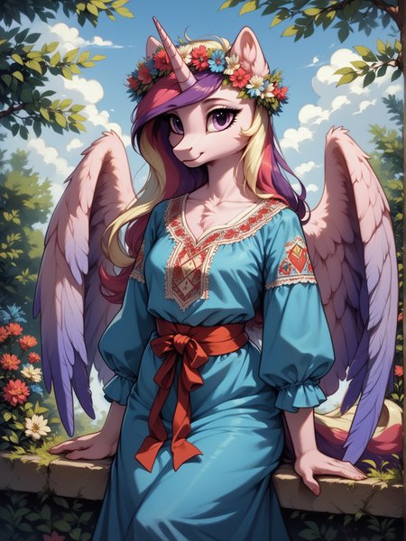 score_9, score_8_up, score_7_up, score_6_up, (realistic illustration:1.2),  1girl, solo, (Princess Cadance:1.2) \(mlp\), (anthro pony:1.1), tail, medium breast, blue dress, red belt, cute, (flower crown:1.2), unicorn horn, (big feathered wings:1.1),
(portrait:1.2), spring, flowering trees, outside,
<lora:Ukrainian_embroidered_shirt:1> Vyshyvanka, Ukrainian embroidered shirt, embroidered shirt, <lora:Anime Summer Days 2 Style SDXL_LoRA_Pony Diffusion V6 XL:0.5> <lora:Realistic000003_1_2.5DAnime_0.05_Merge1:0.5>  <lora:MegaFluffyPony:0.5> MegaFluffyPony, furry, fluffy