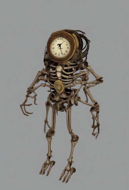 a time traveler who has been transformed into a skeletal version of themselves. Show them standing in front of a time machine made of bones, with clock faces and gears visible through the skeletal framework