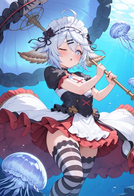 highres, best quality, masterpiece, indoors, underwater, caustics,
1girl, solo, gbfwam, short hair, white hair, blue hair, animal ears, ahoge, blue eyes, + +, flower-shaped pupils,
gbwmhal, enmaided, maid headdress, hairclip, frilled hairband,  cross-laced clothes, black choker, pendant choker, black sleeves, red sleeves, white dress, two-tone dress, frilled dress, puffy short sleeves, layered dress, red skirt, frills, overskirt, black corset, black thighhighs, striped thighhighs,
blush, open mouth, expressionless, one eye closed, 
floating, holding umbrella, dynamic pose, jellyfish, 
<lora:_wamdus-elesico-ilxlA:1>