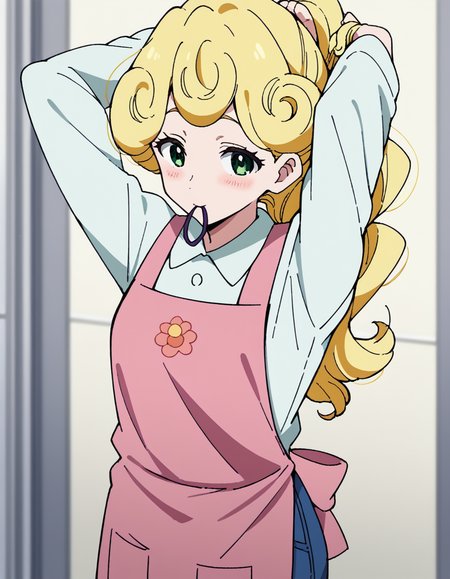 score_9, score_8_up, score_7_up, source_anime, <lora:kaori-hanase-s1-ponyxl-lora-nochekaiser:1>, kaoru hanase, long hair, blonde hair, hair over shoulder, green eyes, curly hair, otoko no ko,, apron, shirt, collared shirt, long sleeves, pink apron, denims, pants,, airport, planes, passengers, terminal, security, , <lora:hair-tie-in-mouth-ponyxl-lora-nochekaiser:1>, hair tie in mouth, hair tie, mouth hold, rubber band, blush, tying hair, adjusting hair, hands in hair, arms up, arms behind head, ponytail, hand in own hair, hair lift, cowboy shot, looking at viewer, looking at viewer, solo,, dutch angle, cowboy shot