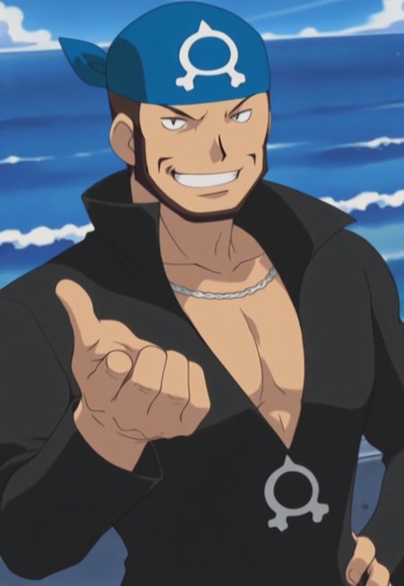 masterpiece, modern, new, 1boy, solo, male, masculine face, daddy looking face,

PokemonAArchie, brown hair, blue bandana, facial hair, popped collar, necklace, black coat, retro artstyle, looking at viewer, smiling, daytime, ocean, beckoning closer