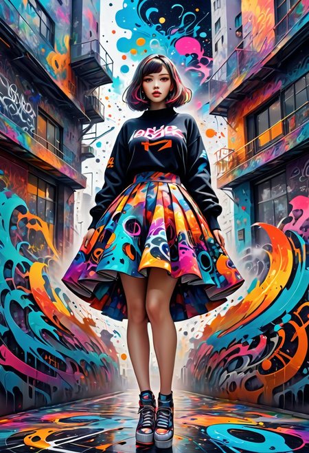 (((masterpiece))), (((best quality))), anime style, 2d, colorful, Timeless, ( 1girl, solo:1.3), she is wearing Graffiti Street Art fashion style Dress, skirt, curve body, big breasts, wide hips, wide thighs, detailed background, in focus, Contemporary,  Bimbocore, 64K, HDR, otherworldly, womanly, celestial, fabulous colors, beautiful, illustrious quality, deep aesthetic,  Jed-Splash, colourful,  <lora:ColourfulStyle:0.7>