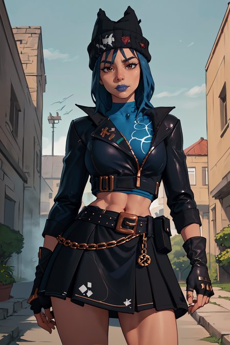 (masterpiece,best quality,absurdres,beautiful,sharp,detailed),cinematic angle,1girl,hopefn,blue lips, beanie, navel, blue hair, jacket, skirt, belt, fingerless gloves  <lora:FN_Hope-DEF:0.7>