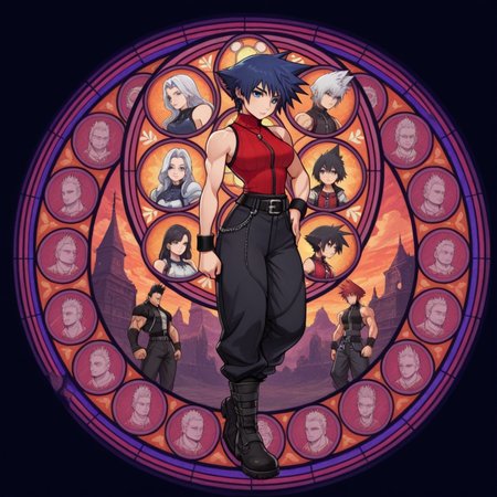 masterpiece, best quality, amazing quality, very aesthetic, absurdres, newest, 4k, 8k, 
divetotheheartxd, circle, black background, stained glass, round image, multiple boys, spiked hair, sleeveless, wristband, pants, multiple girls, belt, short hair, turtleneck, jewelry, muscular, boots
 <lora:STATION_OF_AWAKENING_V2:1>