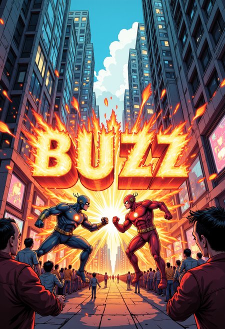 In the heart of a futuristic metropolis, two superheroes collide with overwhelming force, the entire city aglow from the energy radiating from their clash. Between their clashing fists, the word BUZZ is formed in a font made of molten plasma, each letter vibrating and emitting radiant sparks. The glow of BUZZ reflects off nearby skyscrapers and metallic surfaces, creating a kaleidoscope of dazzling light. Below, onlookers shield their eyes from the brilliant burst of power, the sheer scale of the battle shaking the city to its core.
