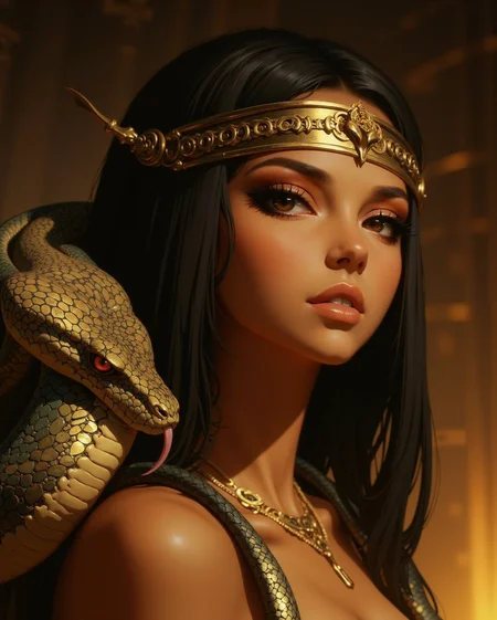digital art, portraying a beautiful woman of legendary power and royal blood, inspired by the mystique of Cleopatra, radiating seduction and command. Her features are hypnotic—symmetrical and serene, yet laced with intensity. Her obsidian-lined eyes smolder with ancient authority, her lips slightly parted in a whisper of provocation or decree. She wears the golden nemes crown, its folds gleaming under ambient temple light, with the sacred uraeus cobra centered at her brow like a living symbol of divine right. Her skin, bronzed and smooth, is adorned with fine gold filigree and ceremonial cosmetics—both armor and seduction.
Coiled around her shoulders and arms is a massive python, its gleaming scales catching the firelight—tones of deep gold, earth green, and shadowed brown. The serpent’s head rests near her cheek, mouth slightly open, tongue flicking out, fangs visible. Its fierce eyes lock forward—predatory, divine—mirroring the queen's power. There is no fear between them, only shared sovereignty.
Focus on the regal intimacy between queen and beast—exotic beauty entwined with cold-blooded ferocity. The portrait should highlight rich golden textures, the interplay of smooth skin and serpent scale, and the unshakable gaze of both woman and creature. Her beauty is magnetic, dangerous, and timeless—crafted to enthrall kings and summon gods.