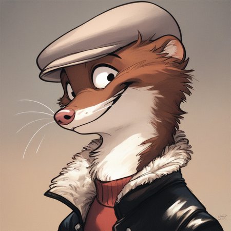 score_9, score_8_up, score_7_up, ((Masterpiece, solo, 1 boy,)) W33kly_BS, Weekly, Anthro Weasel, Lesser Weasel, brown weasel, brown fur, white chin, white neck, white inner ear, black eyebrows, black eyes, pink nose, whiskers, shortstack, tan hat, flat cap,  leather jacket, flight jacket, fleece collar, red sweater, (headshot, smiling)