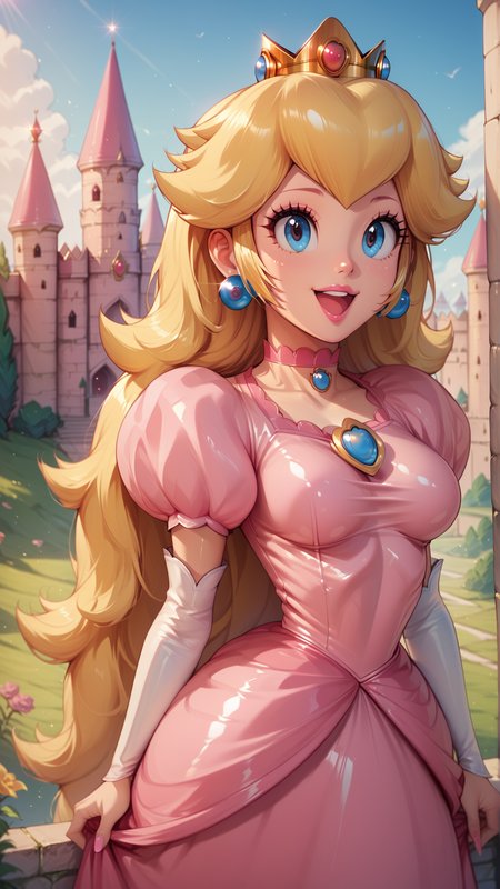 score_4_up,score_5_up,score_6_up,score_7_up,score_8_up,score_9 BREAK <lora:Princess_Peach_Shiny_Style_V4.0_Pony:0.7>,princess peach,1girl,solo,jewelry,earrings,long hair,breasts,very long hair,big hair,choker,pink dress,medium breasts,open mouth,:d,smile,shiny,shiny skin,puffy sleeves,facing viewer,upper teeth only,outdoors,castle,