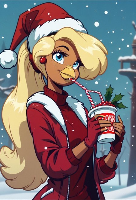 Goldie, big hair, beak, bird girl, solo, blonde hair,bird  girl,blue eyes, long hair,beak,1girl, jewelry, earrings, hat, solo, earrings, blonde hair, cup, christmas, jacket, long hair, blue eyes, female, snowing, gloves, snow, holding, santa hat, food, dark skin, red gloves, fingerless gloves, red headwear, red jacket, disposable cup, holding cup, smile, open jacket, drinking straw, holly, gift, turtleneck, box, plate, upper body
score_9, score_8_up, score_7_up, score_6_up <lora:GoldieRockaPony1.0:0.8>