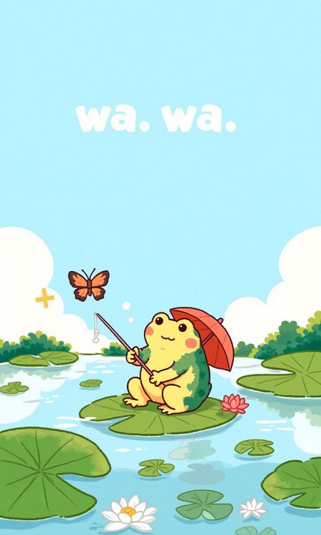 A frog is fishing on a lotus leaf. He is wearing a parasol. There are words "wa..wa.." in the sky. There are a few butterflies flying next to the words. <lora:flux-test\flux.1_lora_flyway_simple-illustration.safetensors:1.1:1.1>