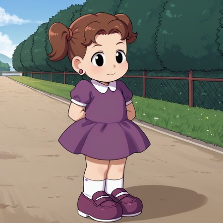 outdoors,  <lora:DeniseV2:1> denisetdm, 1girl, solo, black eyes, reddish-brown hair, twintails, short twintails, jewelry, earrings, dress, purple dress, short sleeves, whit socks, shoes, purple footwear