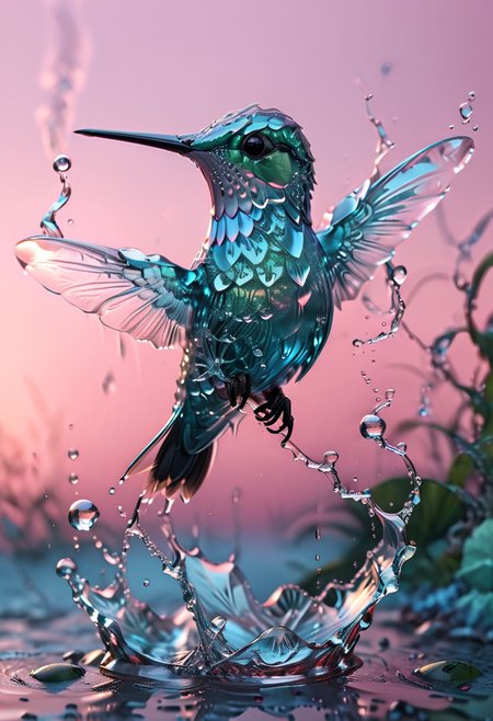 light blue hyper detailed water hummingbird made of ice, swamp on pastel pink sunrise, water drops, translucent glow, liquid, dynamic water flow, ultra_detailed,  8k.  masterpiece, trending on artstation, sharp focus, studio photo, intricate details, highly detailed, by greg rutkowski<lora:xl_more_art-full_v1:0.5>