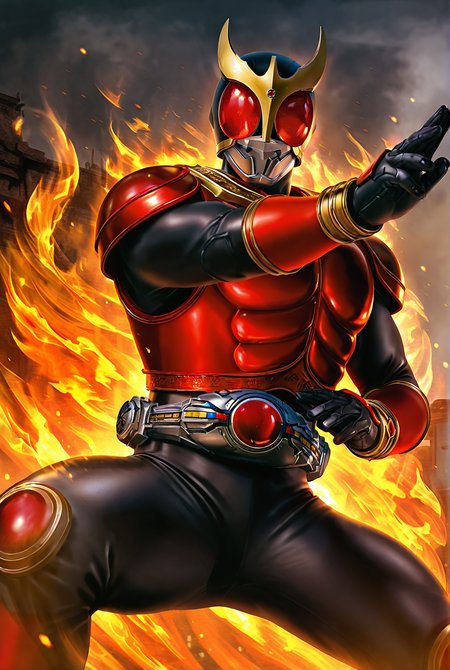 score_9,score_8_up,score_7_up,best quality,ultra-detailed,high resolution,digital painting,8k,1boy,solo,cowboy shot,male focus,bara,detailed face,helmet,tokusatsu,armor,belt,bodysuit,gloves,fighting stance,fire,spread legs,feet out of frame,<lora:add-detail-xl:1>,<lora:Kamen Rider Kuuga:0.8>,kamen rider kuuga,