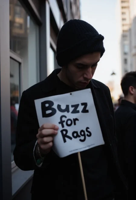 A cool-looking guy in a fashionable outfit is seen in profile, his gaze slightly downward. He is holding a sign that reads "Buzz for Rags" in his hand. The dramatic lighting of the slushy metropolis creates a striking contrast. The shallow depth of field focuses on the sign.